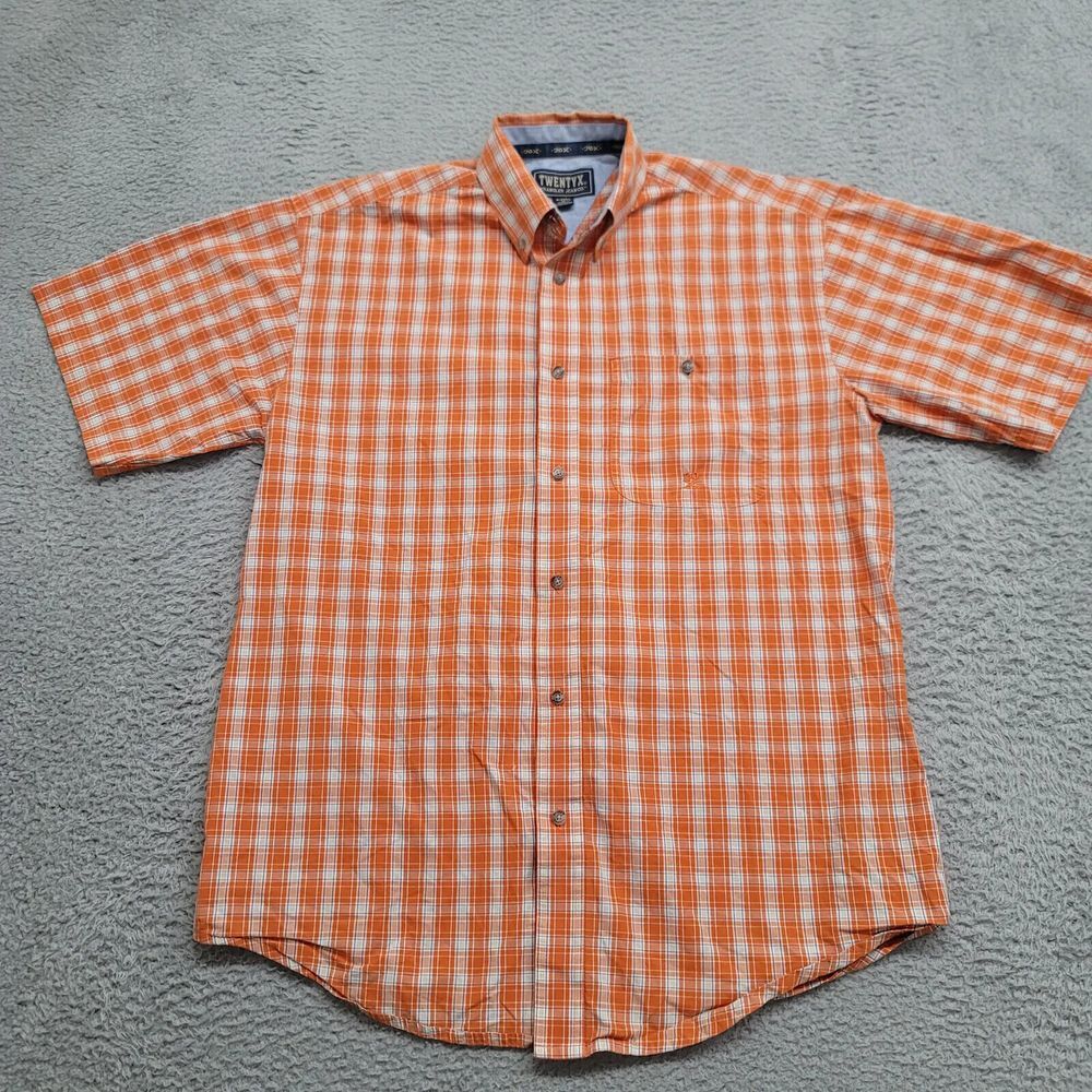 Wrangler 20X Shirt‎ Mens Medium Orange Workwear Cowboy Plaid Casual Outdoors
